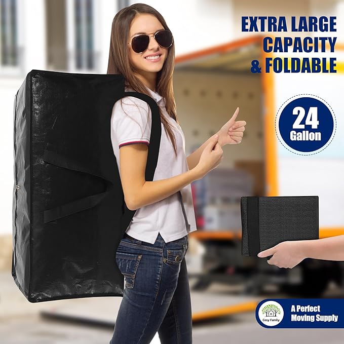 Cosy Family 4 Pack Heavy Duty Extra Large Moving Bags with Backpack Straps - Strong Handles & Zippers, Storage Totes For Space Saving, Fold Flat, Alternative to Moving Box (Set of 4, Black)