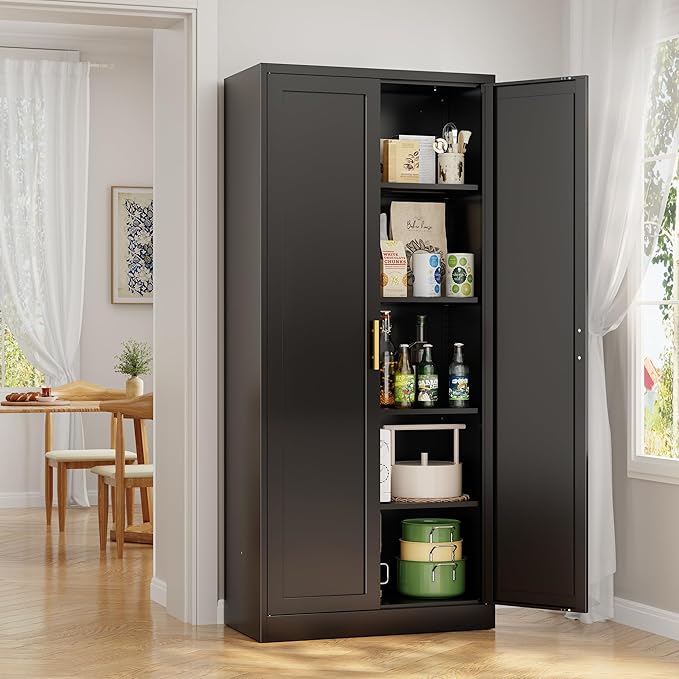 Metal Kitchen Pantry Cabinet, 71"Tall Cabinet with 2 Doors and 4 Adjustable Shelves, Pantry Cabinets for Kitchen Storage, Metal Storage Cabinet for Kitchen, Dining Room, Living Room and Bathroom-Black