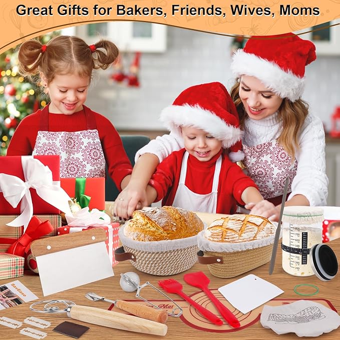 SavEase Sourdough Bread Baking Supplies, Complete Sourdough Starter Kit, 9" Round & 10" Oval Bread Proofing Basket with Sour dough Starter Jar, Bread Making Tools Gifts for Bakers Women Wife Mom