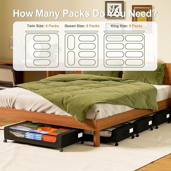 GoMaihe Under Bed Storage with Wheels: XXL Underbed Storage Containers with Clear Lids - Rolling Drawers & Bins for Shoes Clothes in Dorm Bedroom - Space-Saving Easy Pull-out Black 2-Pack