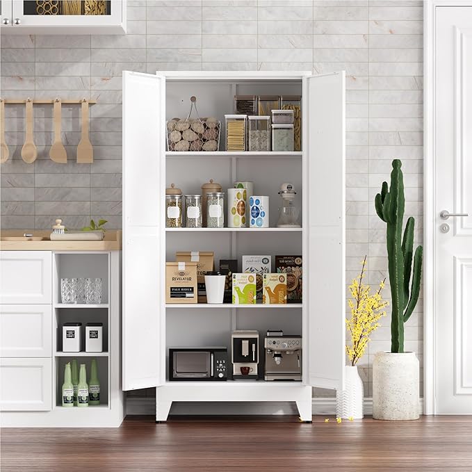 YNIQUESTLE Farmhouse Pantry Cabinet with Barn Doors,61" H x 27.5" W,Metal Cabinet with Adjustable Shelves,4-Tier Storage Cabinet for Kitchen Dining Room Garage,White