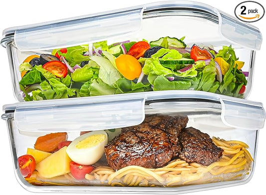 2Pack 9.8 Cups/ 78 Oz Large Glass Food Storage Containers with Lids, Glass Meal Prep Containers with Airtight Lids - BPA Free, Leakproof, Ideal for Food Storing/Serving, Microwave/Oven Safe