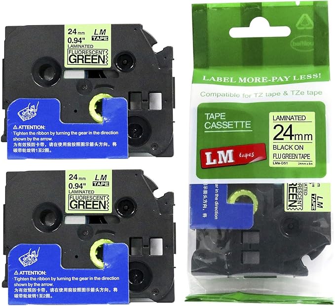 2/Pack LM Tapes - LMeD51 Premium 1" Black Print on Bright Green Label Compatible with Brother TZe-D51 P-Touch and Includes Tape Color/Size Guide. Replaces TZeD51 24mm 0.94 Laminated