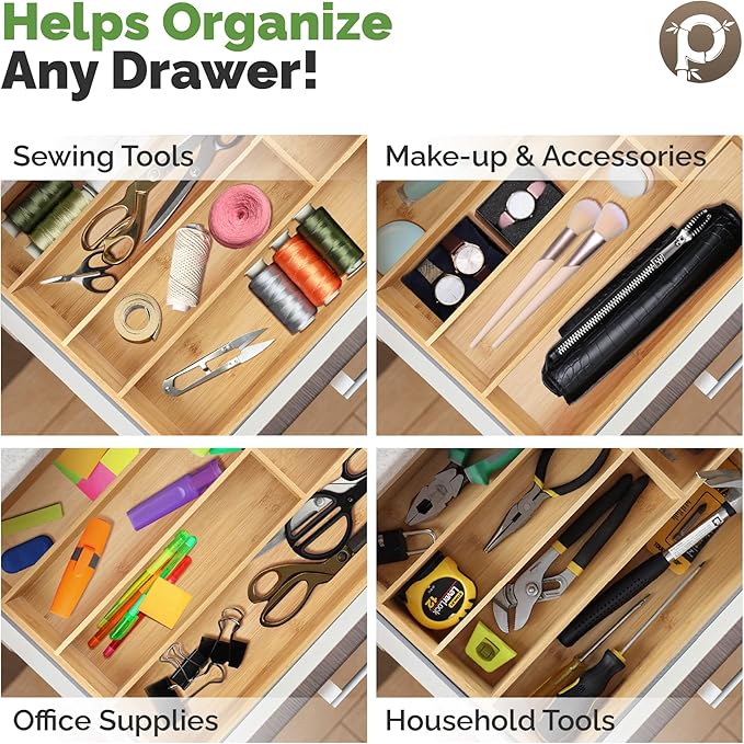 Pristine Bamboo silverware tray organizer– Flatware Utensil Cutlery Silverware Holder for Drawer – Small Extra-Deep Wooden Kitchen Drawer Organizer Divider for Spoons Forks Knives cutleries (6-Slots)
