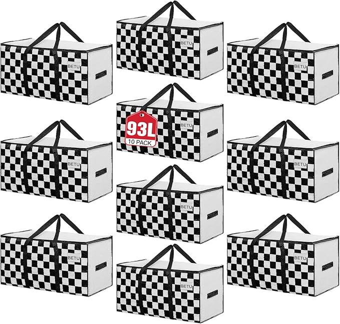 Extra Large Moving Bags Heavy Duty Storage Bags with Zipper Handles, BETU 10 Pack Clothes Storage Totes Bins Packing Moving Boxes, Moving Supplies for College Dorm Essentials, Space Saving,White Plaid