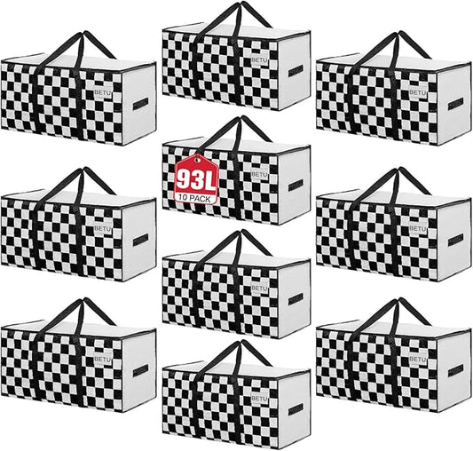 Extra Large Moving Bags Heavy Duty Storage Bags with Zipper Handles, BETU 10 Pack Clothes Storage Totes Bins Packing Moving Boxes, Moving Supplies for College Dorm Essentials, Space Saving,White Plaid