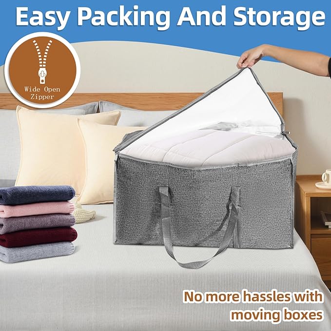 12 Pack-Extra Large Heavy Duty Moving Bags - Waterproof Storage Totes with Handles & Zippers, Foldable for College Dorm, Storage (Gray)
