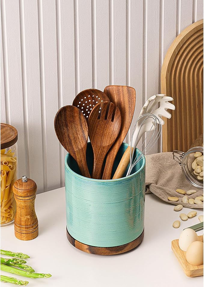 MIKIGEY Utensil Holder, 360° Rotating Extra Large Ceramic Kitchen Utensil Holder for Countertop, Cooking Utensil Crocks for Counter with Rotatable Wooden Base, Farmhouse Kitchen Decor, Green