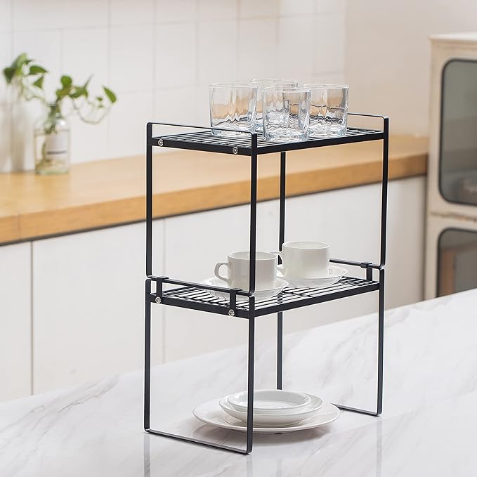 Shantton 2pk Kitchen Cabinet Shelf Counter Organizer Rack Pantry Storage Bathroom Bedroom Office Table Desk Space Saving Steel Frame Stackable Rust Resistant Non Slip Black-Tall-L13in W8.3in H9.5in