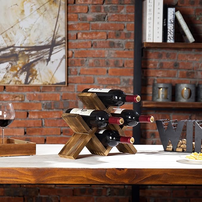 MyGift 4-Bottle Rustic Brown Wood Wine Rack for Countertop - Brushed Country Rustic Style, Compact Storage for Kitchen, Bar, Dining Room (Holds 750ml Bottles)