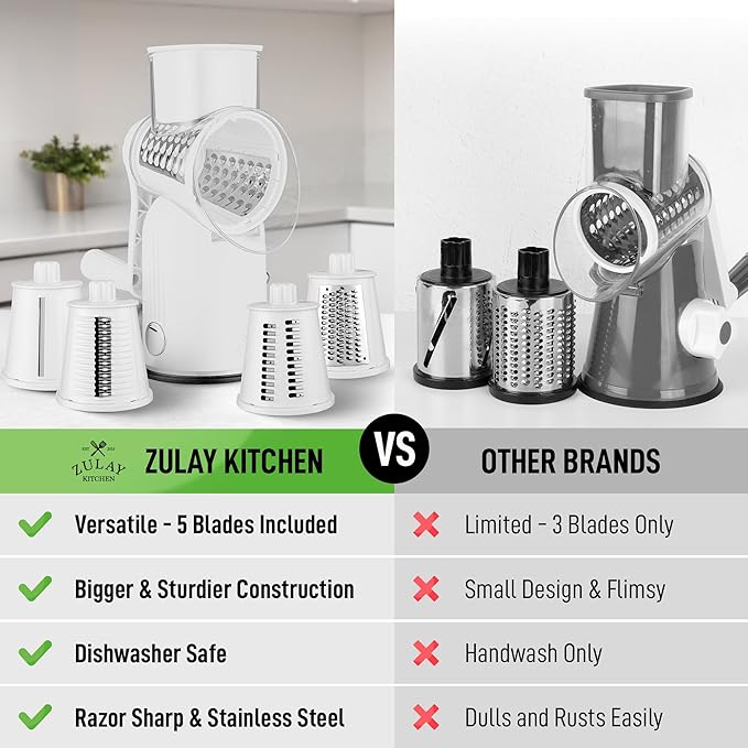 Zulay Kitchen Rotary Cheese Grater 5 Blade Cheese Shredder - Manual Hand Crank Cheese Grater With Reinforced Suction & 5 Interchangeable Drums - Easy to Use, Vegetable Chopper Round Mandoline Slicer