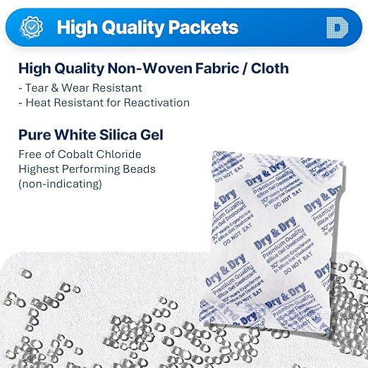 Dry & Dry 50 Gram [10 Packets] Silica Gel Packets Desiccants, Silica Packets - Rechargeable Silica Gel Packs, Desiccants Packets, Silica Gel