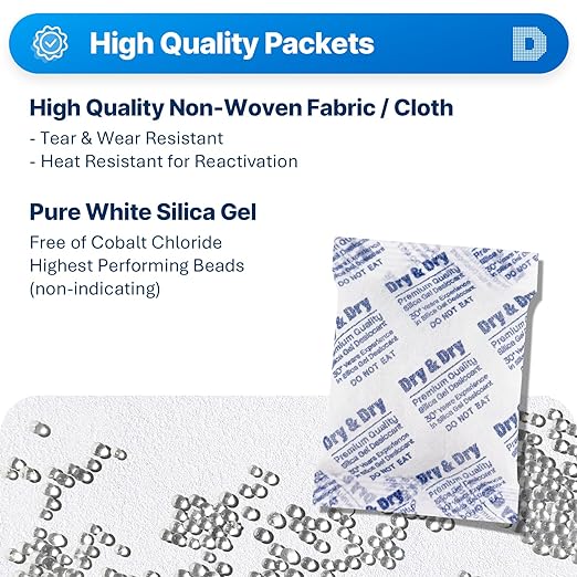Dry & Dry 50 Gram [30 Packets] Silica Gel Packets Desiccants, Silica Packets - Rechargeable Silica Gel Packs, Desiccants Packets, Silica Gel