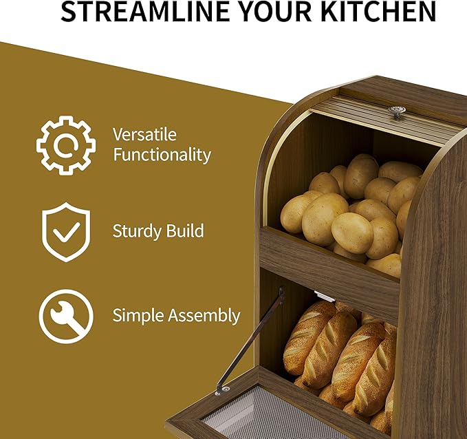 Potato Storage Bin Movable Bread Box with Lid Rustic and Wheels Onion Organizer with Grocery Section Decorative Vegetable Organization Cabinet for Kitchen (Walnut)