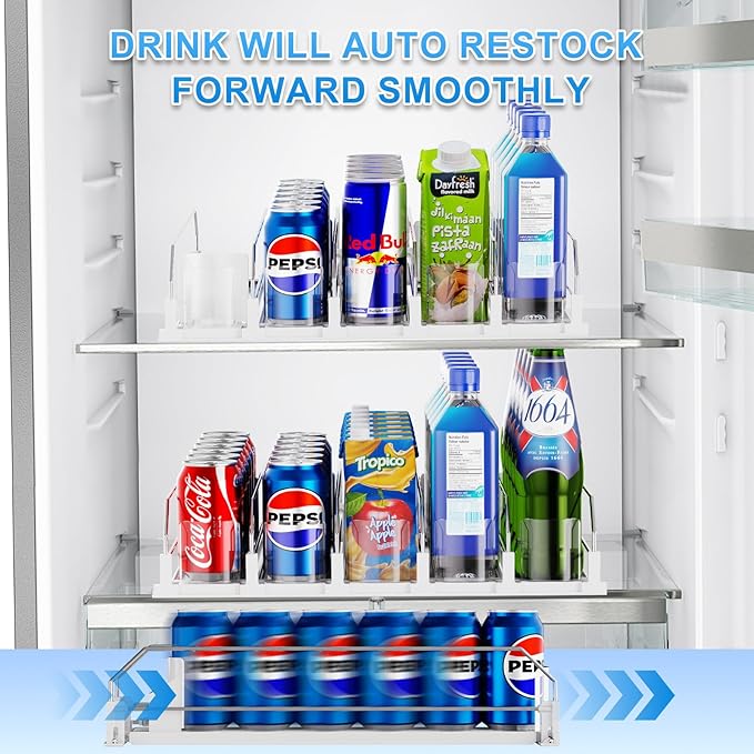 Drink Organizer for Fridge,5 Rows Fridge Soda Can Organizer,20oz 16oz 12oz-Self Pushing Soda Dispenser for Fridge,Adjustable Width-Holds up to 25 Cans,White