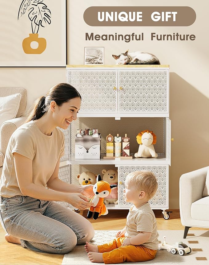 3 Tier Metal Storage Cabinet with wheels, Storage Bins with Magnetic Doors, Storage Cart for Living Room, Bedroom, Bathroom, Laundry, Kitchen