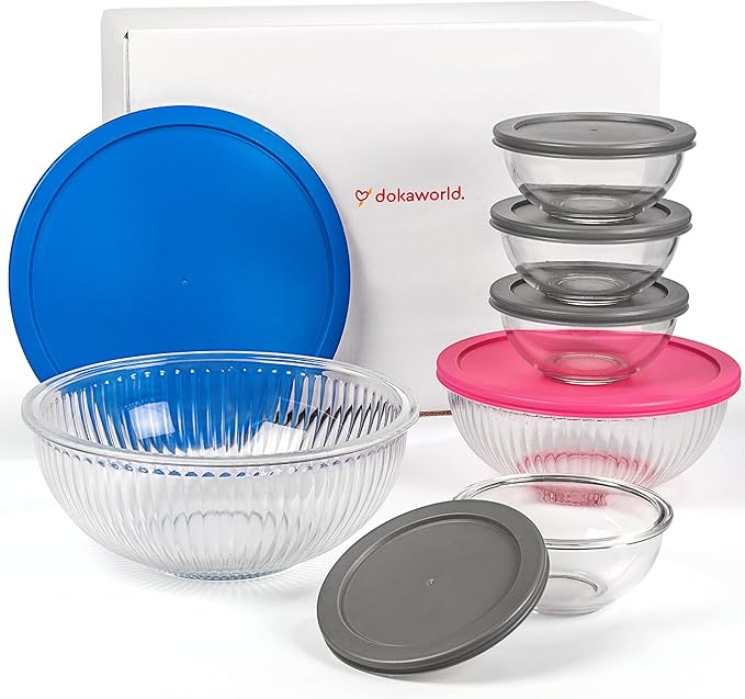 dokaworld Set of 6 Stackable Space-Saving Nesting Glass Bowls with BPA Free Lids for Foodprep, Storage, Baking, Mixing & Cooking, Microwave Safe - Durable Inert Borosilicate Glass