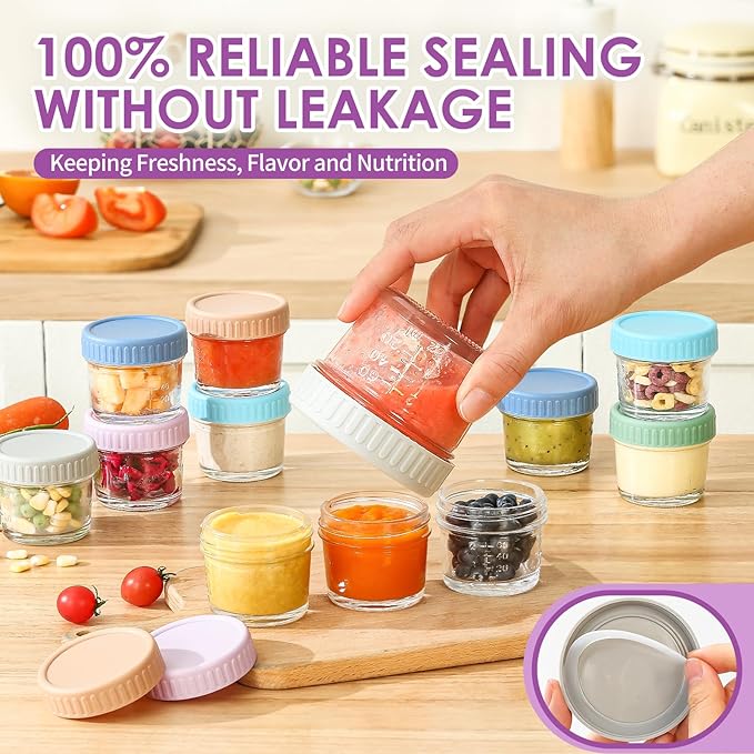 DRKIO 12 Pack Glass Baby Food Storage Containers - 4 Oz Baby Food Jars with Lids Baby Food Maker Microwave Dishwasher Freezer Safe 100% Leak Proof BPA Free Reusable