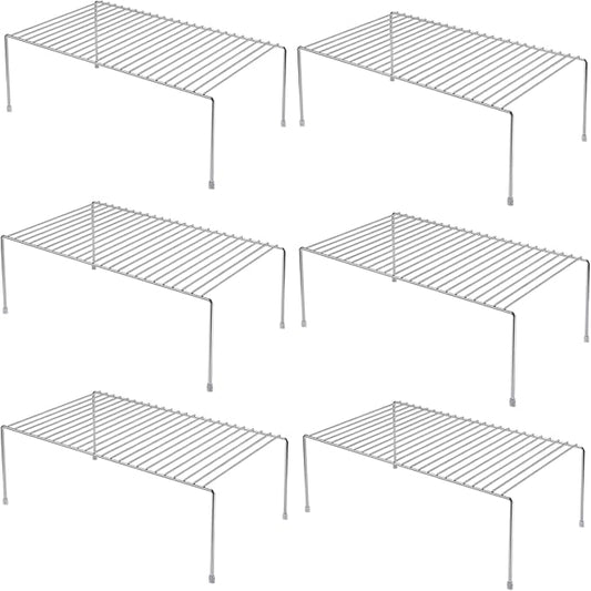 iPEGTOP Set of 6 Large (15.7 x 9.4 Inch) Kitchen Cabinet Organizer Shelf, Wire Freezer Storage Shelves Rack, Rustproof Steel Metal Shelf Riser for Dish Plates Pantry Cupboard Organization, Chrome