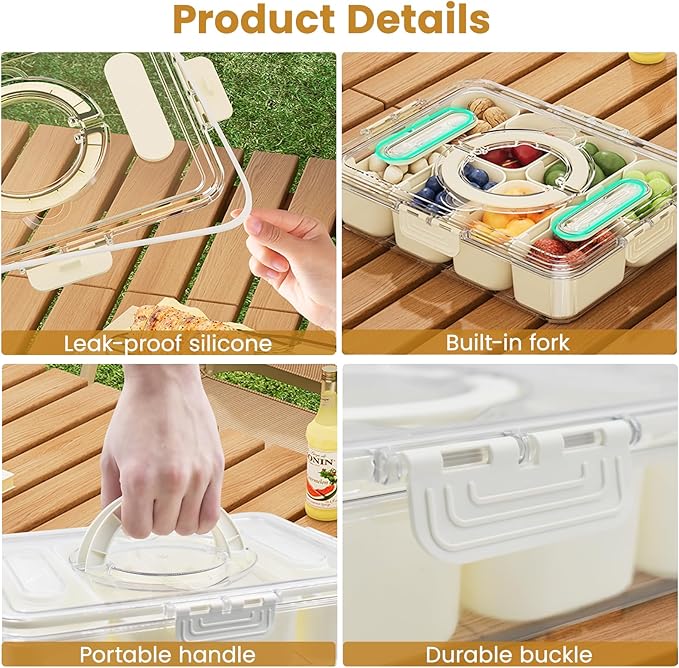 2 Pack Divided ServingTray with lid and Handle, 8 & 4 Compartments Snackle Box with Utensils, Fridge Food Veggie Condiment Storage, Kitchen Clear Food Container for Picnic, Camping, School
