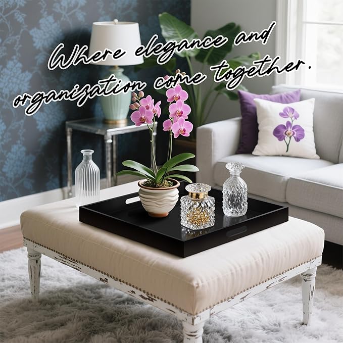 KEVJES Glossy Black Acrylic Serving Tray with Handles-Butler Trays for Coffee Table, Snacks,Breakfast in Bed, Kitchen Countertop,Vanity,Makeup Organizer,Ottoman (Black, 24x24 Inches)
