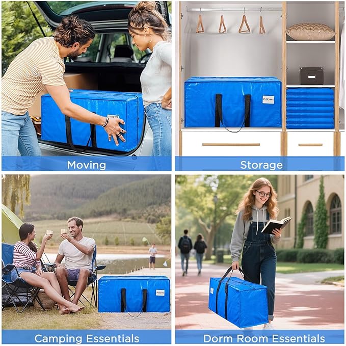 BETU Extra Large Moving Bags Heavy Duty Storage Bags with Zipper Handles, 2 Pack Clothes Storage Totes Bins Packing Moving Boxes, Moving Supplies for College Dorm Essentials, Space Saving, Blue