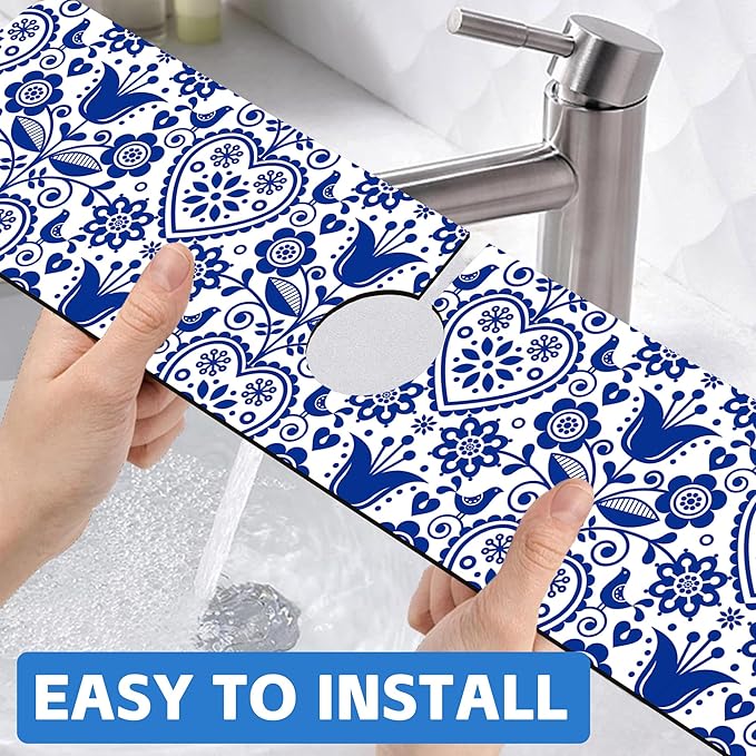Vintage Bird Heart Floral Dish Drying Mat for Kitchen Sink Navy Blue Sink Splash Guard Faucet Mat Draining Mat Fast Drying Sink Protectors for Kitchen and Bathroom 5.5"×24"