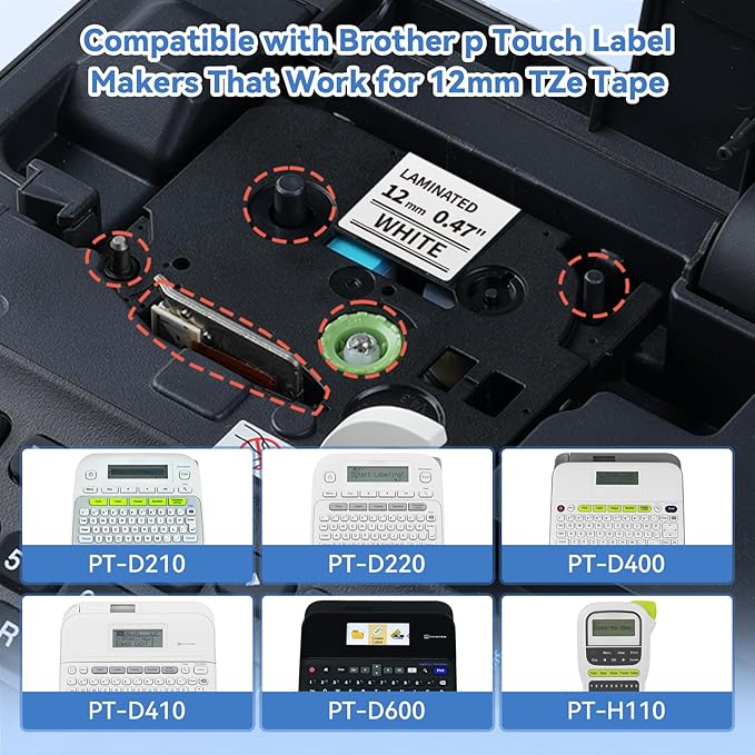 Airmall Replacement for Brother P-Touch Label Maker Tape 12mm .47 Laminated White Tz Tape TZ Colored Refills Compatible with Brother P Touch PT-D220 D210 H110 D200 D400 1280 Refills, 1/2 Inch, 6 Pack