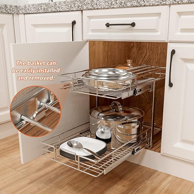 ROOMTEC Individual Pull Out Cabinet Organizer (20" W x 21" D), 2 Tier Spice Rack Organizer for Cabinet, Slide Out Drawer Pantry Shelf Organization and Storage for Kitchen Bathroom