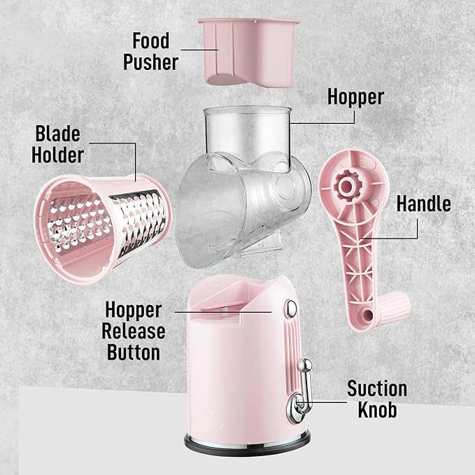 Zulay Kitchen Rotary Cheese Grater 5 Blade Cheese Shredder - Manual Hand Crank Cheese Grater With Reinforced Suction & 5 Interchangeable Drums - Easy to Use, Vegetable Chopper Round Mandoline Slicer