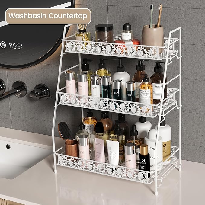 IBEDMAZIE 3-Tier Large Size Storage Rack,Counter Organiztion for Bathroom Countertop Organizer Shelf for Spice Racks for Kitchen/Sink/Bedroom/Living room/Office/Plant Rack with Two Metal Baskets