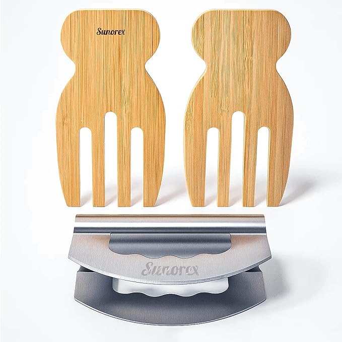 Sunorex 3-in-1 Stainless Steel Salad Chopper & 2 Wooden Hands Set – Double Blade Mezzaluna Chopper with Bamboo Servers Salad Prep Kit for Chopping, Tossing & Serving Vegetables, Fruits, and Salads