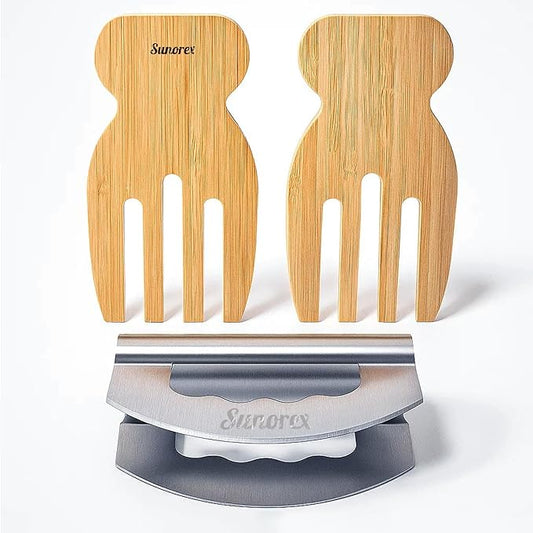 Sunorex 3-in-1 Stainless Steel Salad Chopper & 2 Wooden Hands Set – Double Blade Mezzaluna Chopper with Bamboo Servers Salad Prep Kit for Chopping, Tossing & Serving Vegetables, Fruits, and Salads