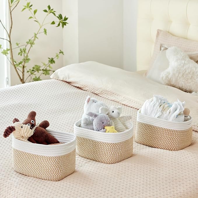 R RUNKA Small Cotton Rope Basket – Storage Bin for Organizing (10.6" x 6.7" x 6.7"), Bathroom Storage Basket for Shelf, Counter & Closet（White & Mixed Camel）