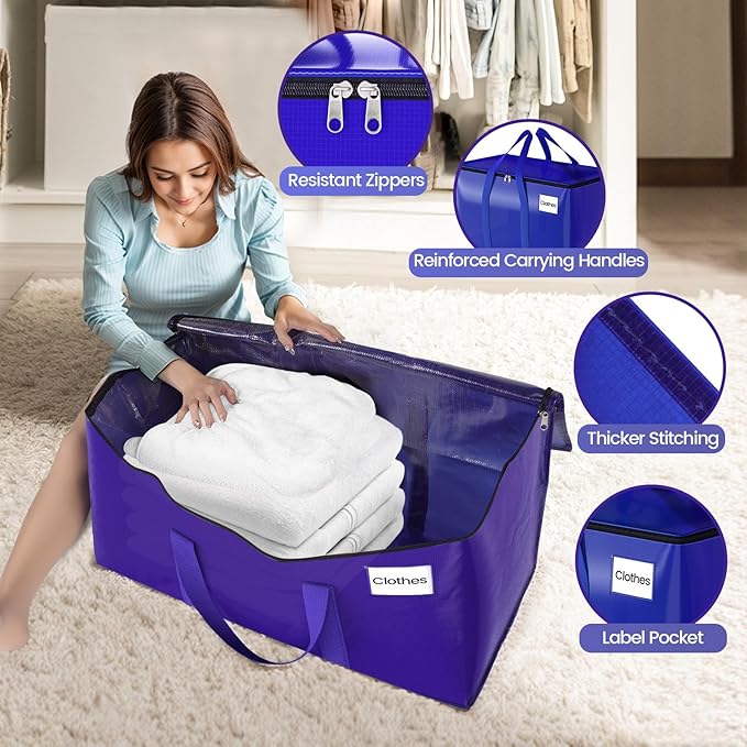 Moving Storage Bags, Moving Supplies Packing Boxes for Moving, Camping, College Dorm Room Essentials for Girls, Blue Tote Bags, Heavy-Duty Storage Bins With Lids And Zippers, 76L 6 Pack