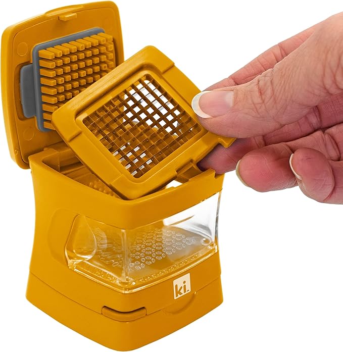 Kitchen Innovations Garlic-A-Peel Garlic Press, Crusher, Cutter, Mincer, and Storage Container - Includes Silicone Garlic Peeler - Easy to Clean - Stainless Steel Blades – (Honey), standard