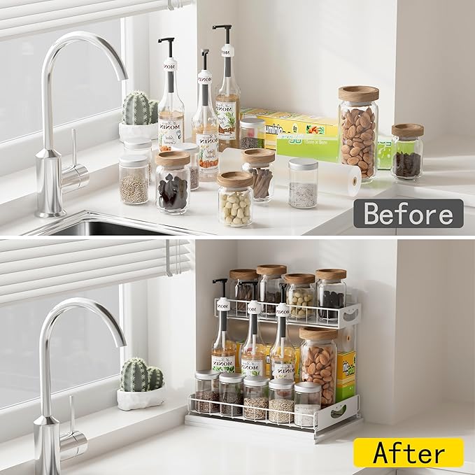 Under Sink Organizer with Pull-Out Drawers,Kitchen Sink Organizer,2 Tier Bathroom Organizers And Storage,Bathroom Accessories Set,White 2 Pack