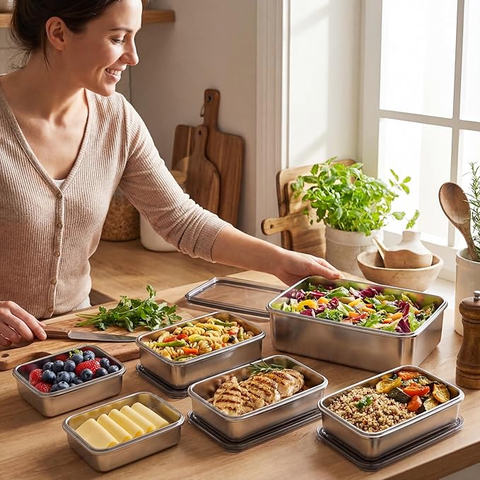 Hushee 6 Pack Bacon Cheese Container for Refrigerator, 304 Stainless Steel Airtight Deli Meat Container, Dishwasher Safe Fridge Storage Fruit Lunch Storage with Lids for Fridge, 4 Sizes