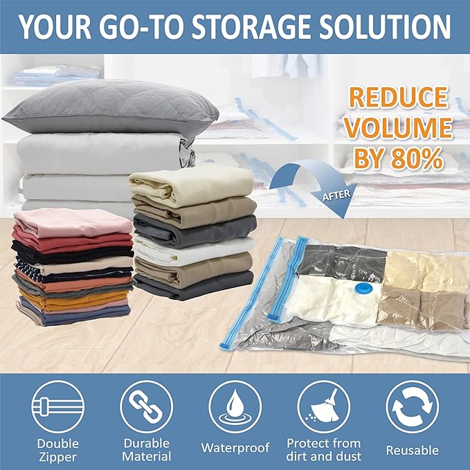 Cozy Essential 12 Pack Vacuum Storage Bags, Space Saver Bags (2 Jumbo/2 Large/2 Medium/2 Small/4 Roll) Compression for Comforters and Blankets, Pillow, Bedding, Sealer Clothes Storage