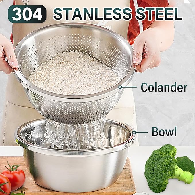 POPGRADE 304 Stainless Steel Colander 4QT Microporous Colander & Large Bowl for Kitchen,Rice Strainer with Salad Mixing Bowl for Pasta Straining,Fruit Washing,Vegetable Draining,Food Mixing(2PCs)