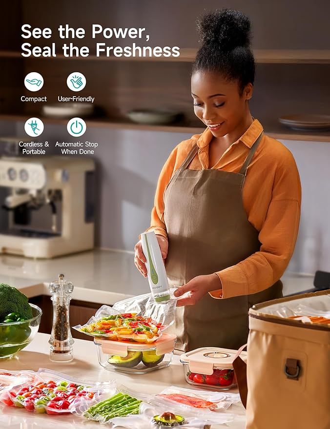 HiCOZY Vacuum Sealer for Food with Visible Water Tank, Powerful Compact Handheld Vacuum Sealer Machine with LED Battery Display, 30 BPA-Free and Reusable Bags, Green