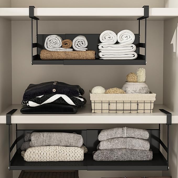 Expandable Under Cabinet Shelf Organizer with 0.94-Inch Thick Clips, Heavy Duty Extendable Under Shelf Storage Basket for Pantry or Laundry Room, Black, 1 Pack, Interior: 4.13" H x 7.2" D