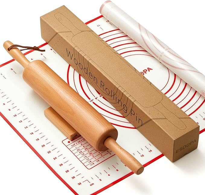 ESDOPA Classic Wood Rolling Pin - Wooden Rolling Pins for Baking Silicone Mat Set, Dough Roller with Wood Base, Fondant Roller for Pie Crust Cookies Pizza Dough and Bread, 17 Inch
