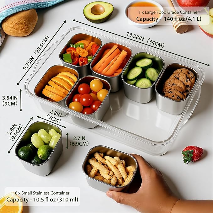 Snackle Box Container, Stainless Steel Divided Serving Tray with Lid and Handle, 8 Compartment Portable Snack Platters - Clear Storage Organizer for Fruit Candy Nuts Veggie - Perfect for Travel Party