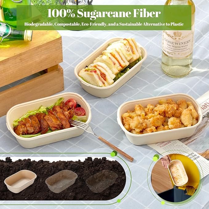 HorizonNest [100% Eco-Friendly] Disposable Food Containers with Lids – Sugarcane Pulp Take Out Boxes, Biodegradable, Compostable, Microwave Safe Lunch Containers – Pack of 50 (24 OZ)