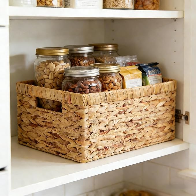 Water Hyacinth Woven Storage Baskets, Set of 4 Wicker Baskets for Organizing with Built-In Handles, Handwoven Rectangular Shelf Bins for Pantry, Bathroom, Kitchen, Closet (13 x 8.25 x 7 in)