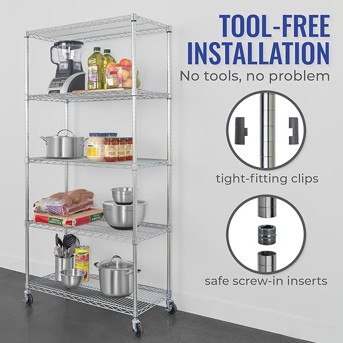 SafeRacks - NSF Certified Storage Shelves, Zinc, Heavy Duty Steel Wire Unit with Wheels and Adjustable Feet, Garage or Bakers Rack, Kitchen, Pantry Shelf - (18"x36"x72" 5-Tier) (Silver)