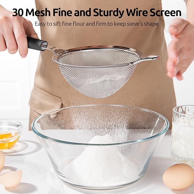 U-Taste Fine Mesh Food Strainer: 18/8 Stainless Steel 30 Mesh Kitchen Sieve with Sturdy Riveted Silicone Handle, Heavy Duty Deep Handheld Metal Colander (Small/3.35in+Medium/4.73, Black)