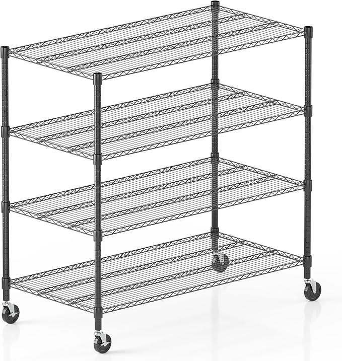 Homdox Heavy Duty Metal Shelves for Storage, 4 Tier Storage Racks and Shelving, Commercial Adjustable Wire Shelving Unit on Wheels, Garage Rack Pantry Shelves Kitchen Shelving, 24"x48"x72", Black