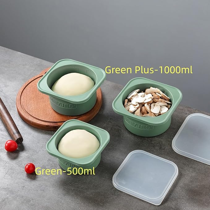 KEVJES PLUS-1000ml Pizza Dough Proofing Box for DIY Artisan Pizza, Food Grade Silicone Stackable Containers with Lids. Freezer, Fridge, Dishwasher Safe (2Green Plus+2Space Grey Plus)